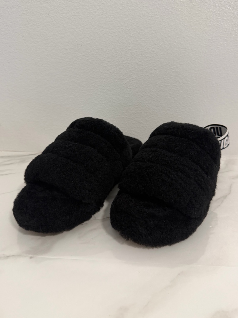 Ugg Fluff Yeah slide slippers black logo strap Size 9